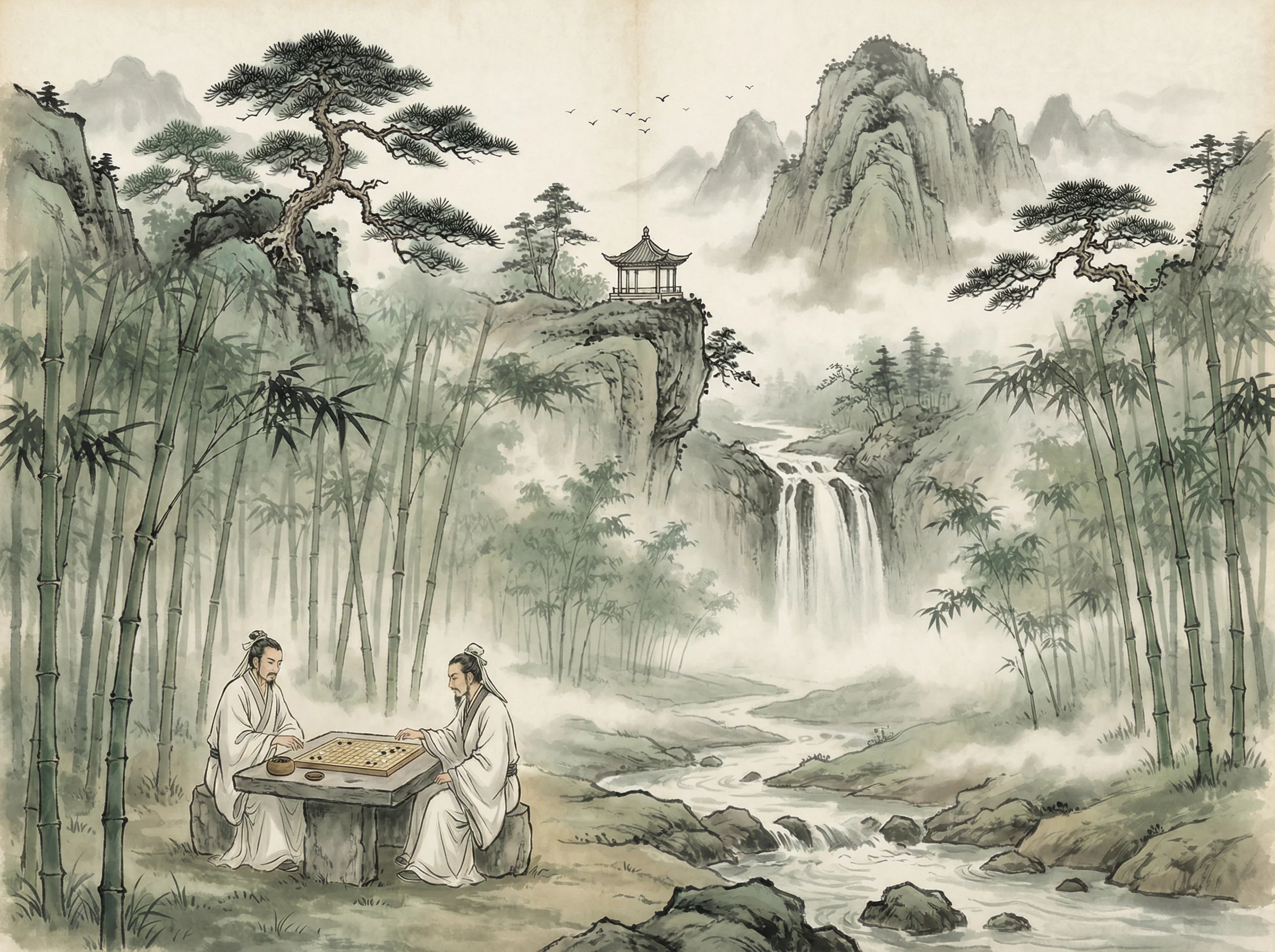 水墨山水画，松亭瀑布，博雅棋牌 意境延伸