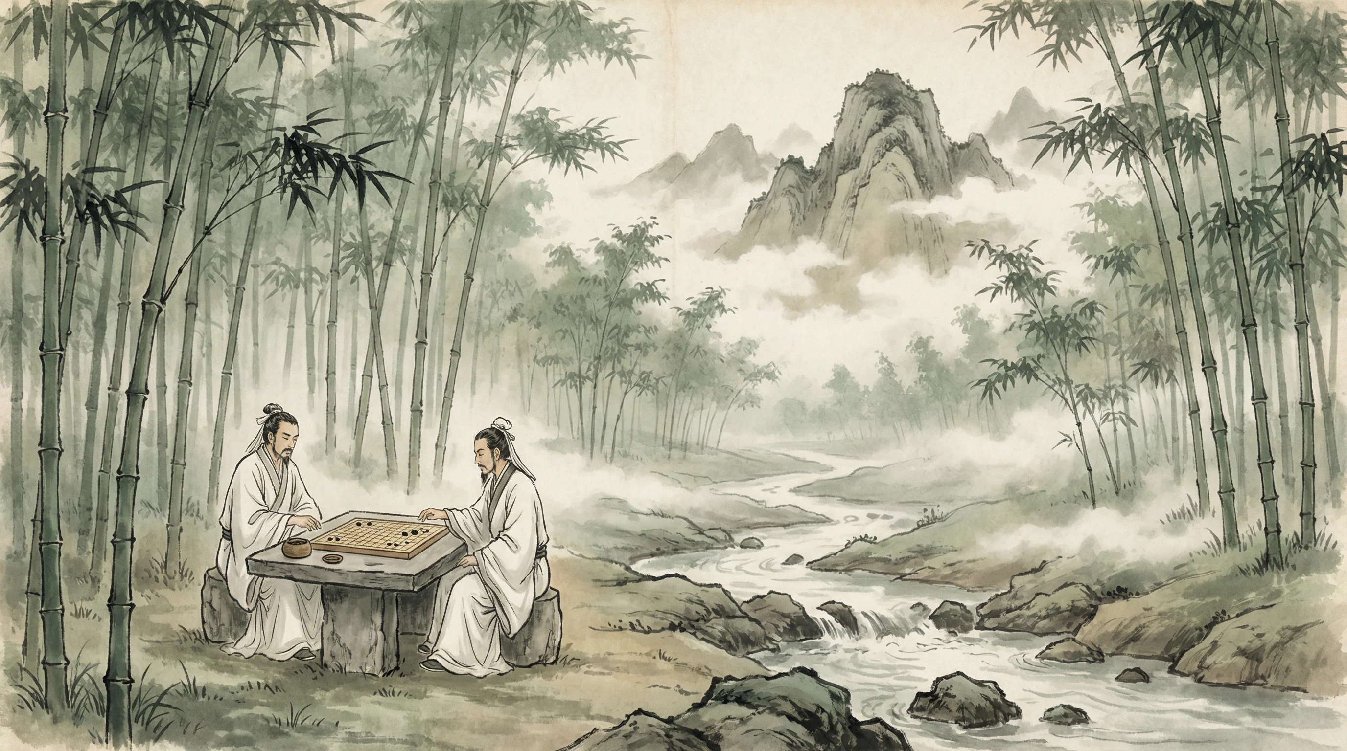 竹林对弈山水画，博雅棋牌 棋道风景
